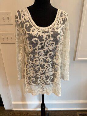 Capri Cream Sheer Lace Crochet Tunic Top Blouse Boho Extra Large XL
